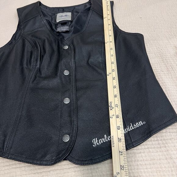 Harley Davidson Women's Black Embroidered Vest Medium Pig Leather Snap Up Biker - Picture 14 of 16